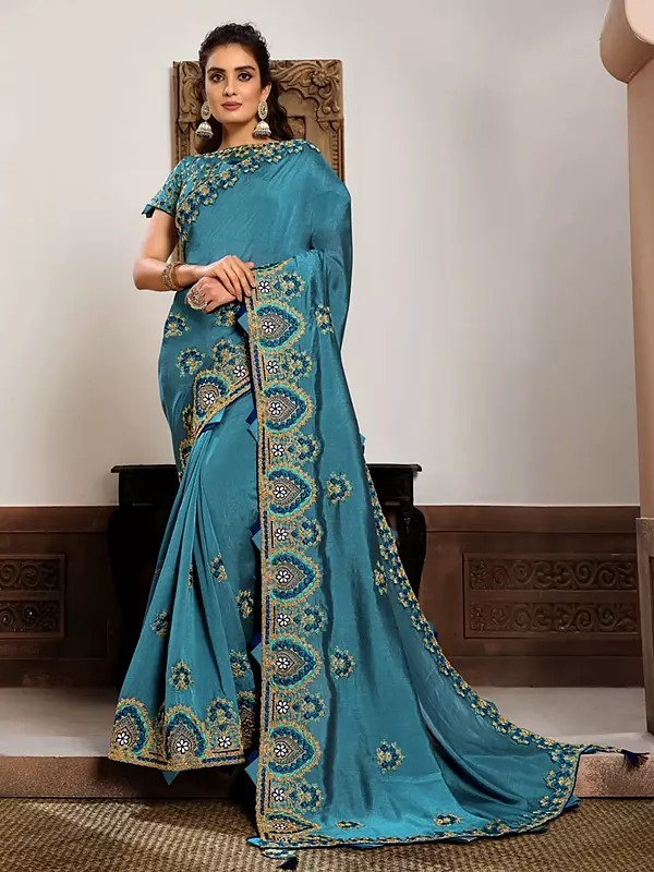 Hippie-Blue Gota Cord And Resham Embroidery Work Designer Silk Georgette Saree With Tassels Pallu