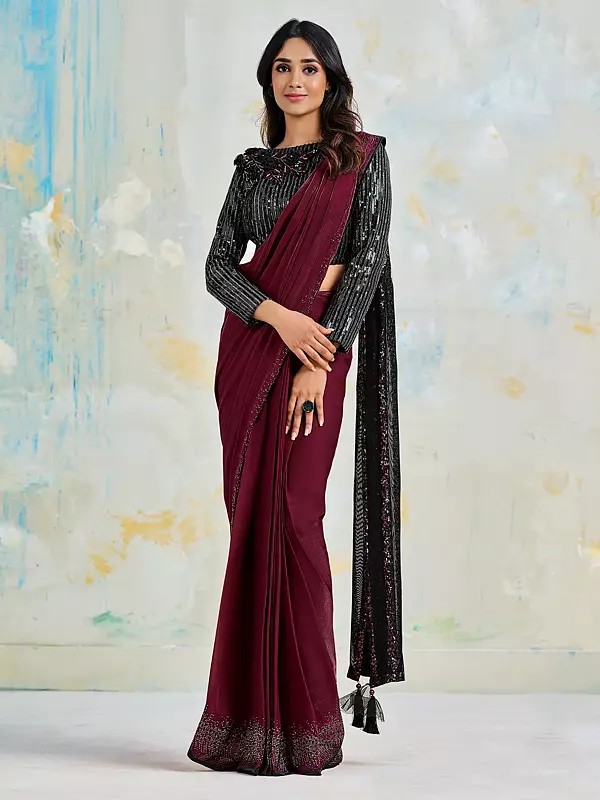 Dark-Scarlet Sequins Work And Solid Party Wear Satin Silk Crepe Saree With Tassels Pallu