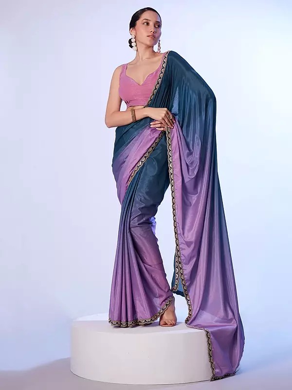 Blue-Jay Chinon Lace Work And Solid Design Party Wear Saree With Attractive Blouse