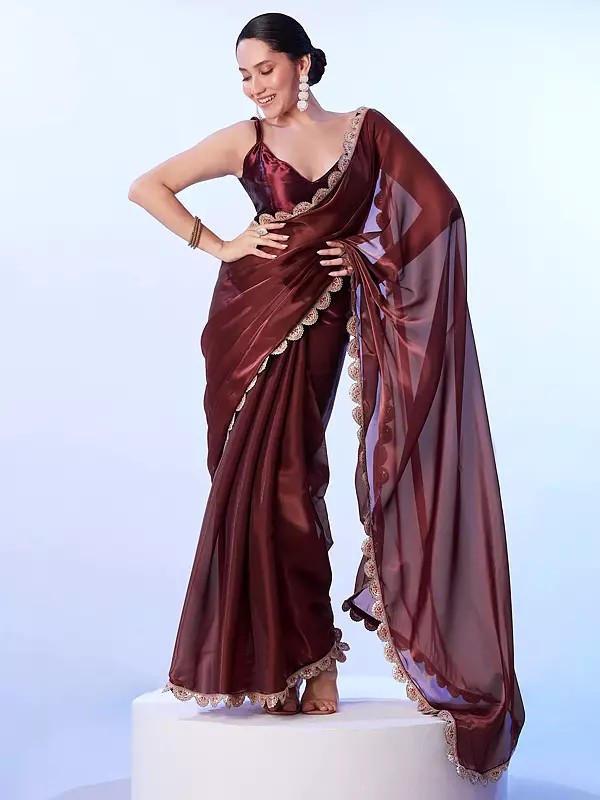 Cocoa-Bean Chinon Sequins Work Border Solid Design Party Wear Saree With Blouse