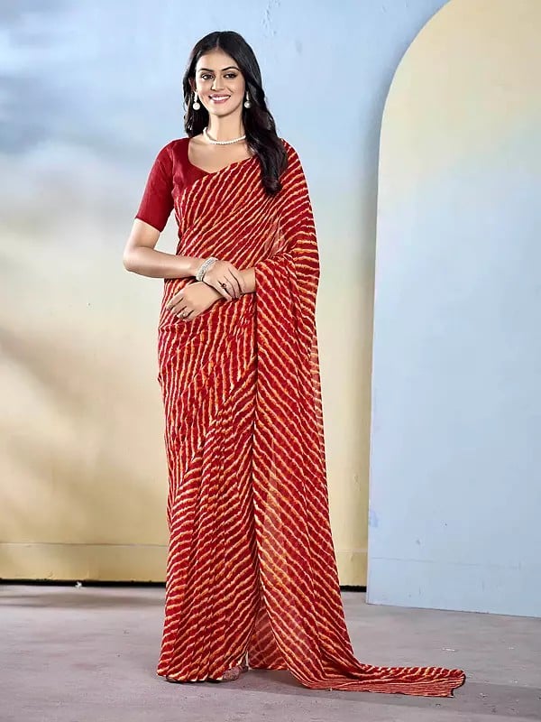 Cornell-Red Striped Pattern Designer Printed Fancy Party Wear Saree With Blouse