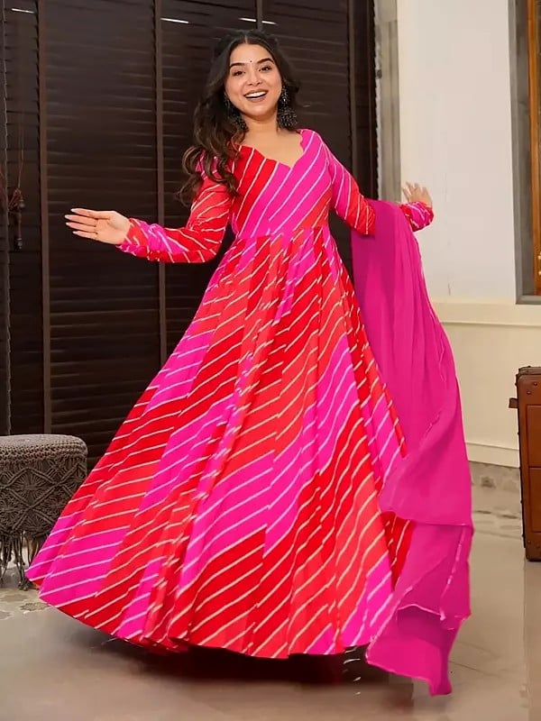 Dee-Carmine-Pink Heavy Rayon Digital Printed Fully Flared Anarkali Style Festival Wear Gown With Dupatta