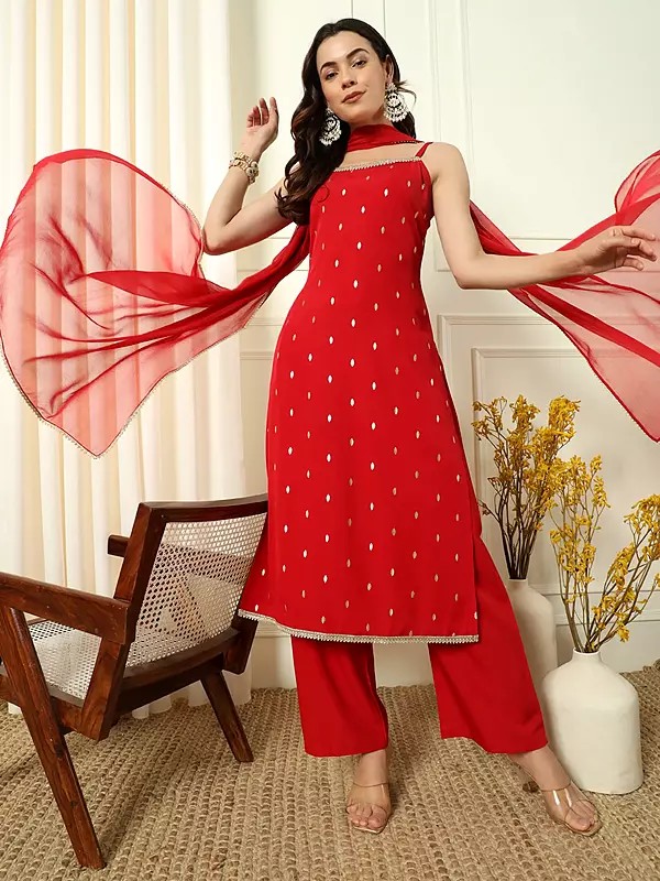 Lava-Red Sleeveless Lace Work Crepe Designer Party Wear Kurta Set With Matching Dupatta