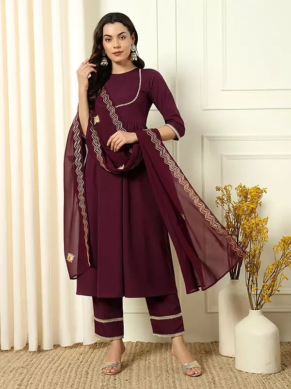 Wine-Berry Designer Flared Sequins Work Crepe Kurta And Bottom With Zig-Zag Pattern Matching Dupatta