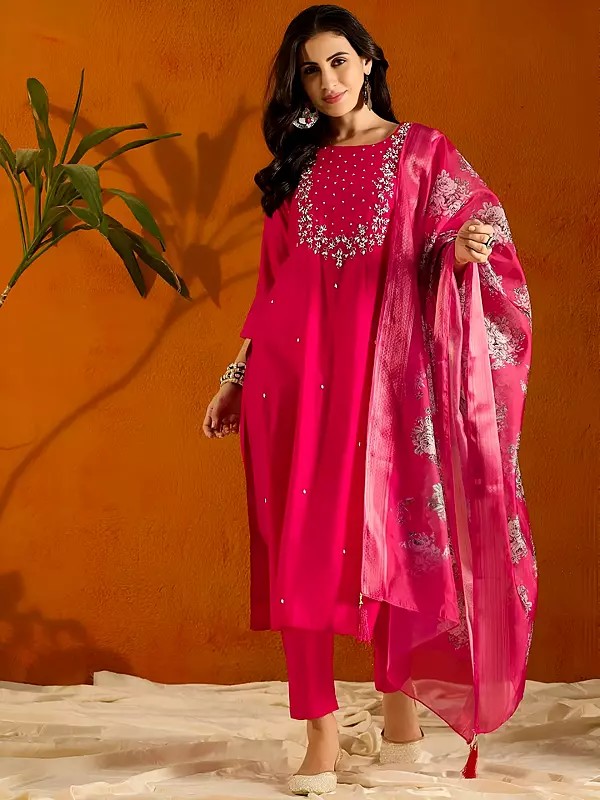 Viscose Chanderi Sequins Work Designer Kurta And Bottom With Floral Tassels Dupatta