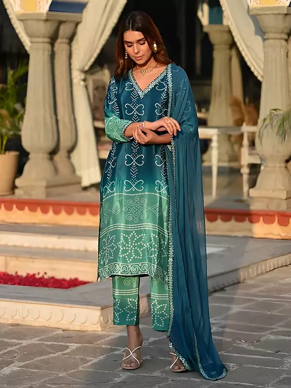 Sequins And Printed Stylish V-Neck Soft Chinon Silk Kurta With Matching Bottom And Dupatta