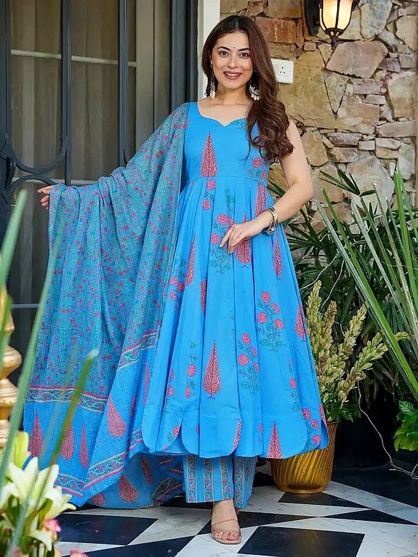 Women's Blue Anarkali Suit with Digital Print, Dupatta, and Coordinating Bottom
