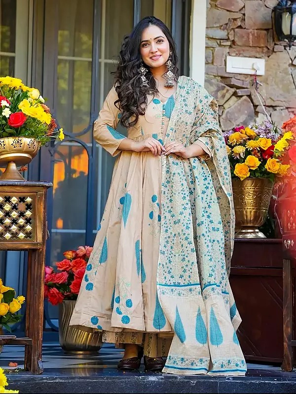 Maslin Anarkali Suit with Digital Print, Bottom, and Dupatta - Ethnic Party Wear