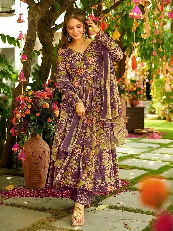 Digital Print Maslin Anarkali Ensemble for Festive & Party Wear