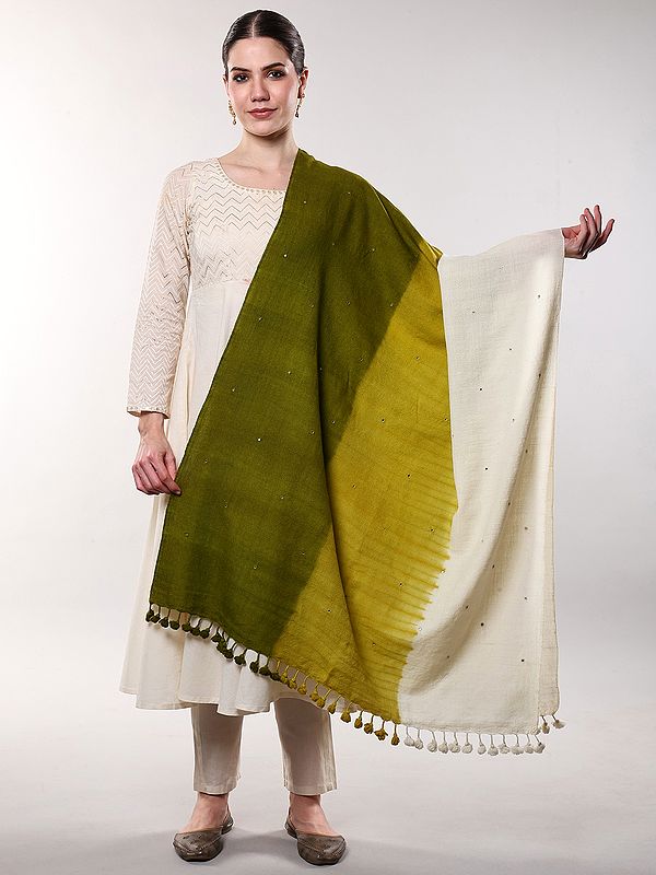 Triple Shaded Tie-Dye Shawl with Mirror Work and Pom-Poms Border from Gujarat