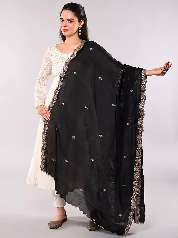 Floral Zari Embroidered Dupatta with Beads work and Scalloped Border