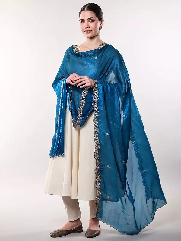 Floral Zari Embroidered Dupatta with Beads work and Scalloped Border