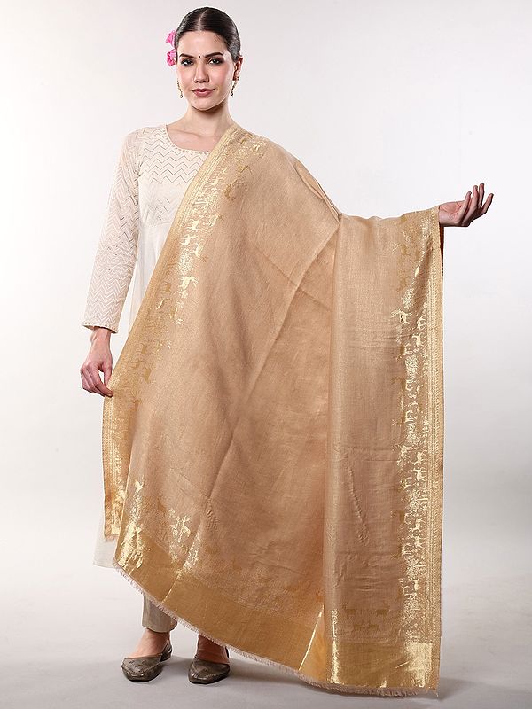 Gilded-Beige Reversible Shawl with Zari Woven Deer Border from Amritsar