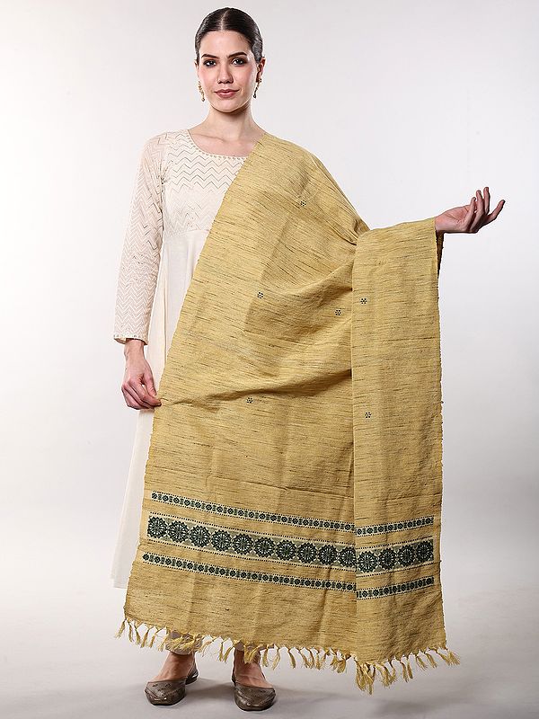 Textured Jute Scarf with Mandala Border and Scattered Bootis