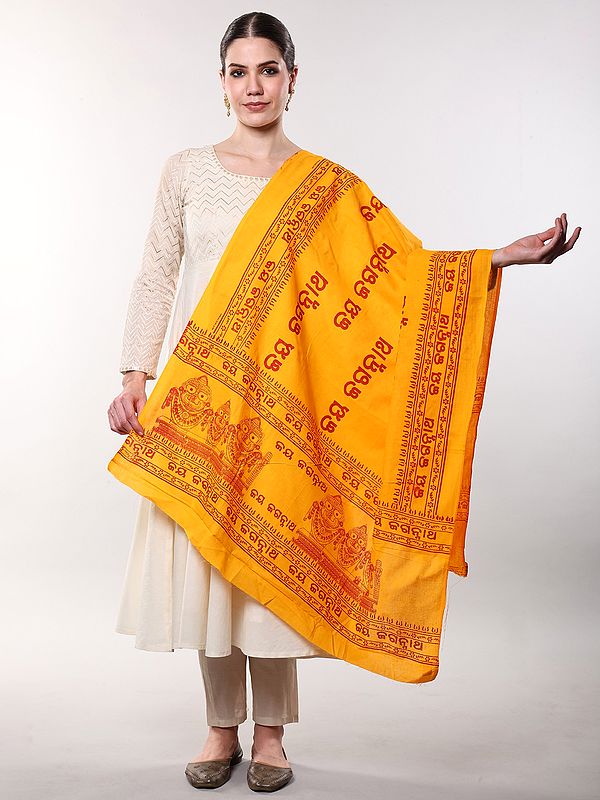Devotional Cotton Shawl Featuring Jagannath, Balabhadra, and Subhadra