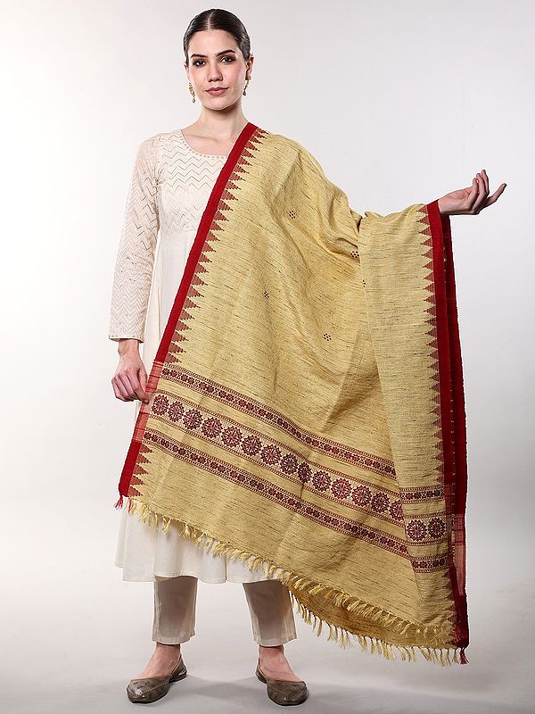 Textured Jute Shawl with Crimson Temple Border and Floral Mandala Design