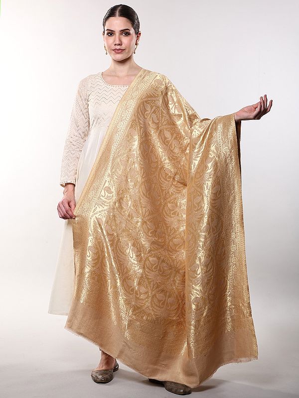 Frosted-Almond Reversible Shawl with Zari Woven Flamingo and Tropical Palm