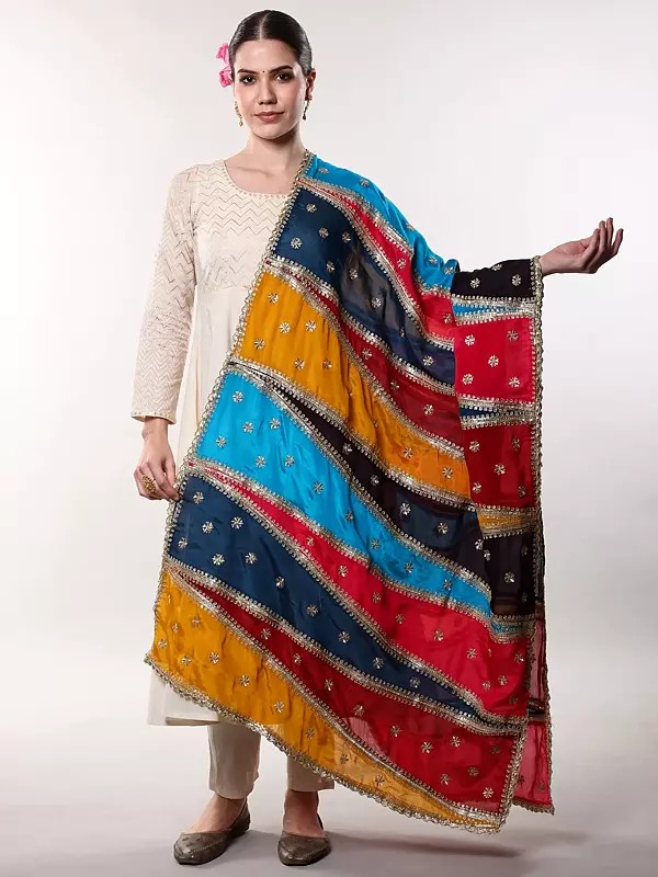 Multicolor Patchwork Dupatta from Amritsar with Zari Embroidered Bootis-Sequins and Lace Border