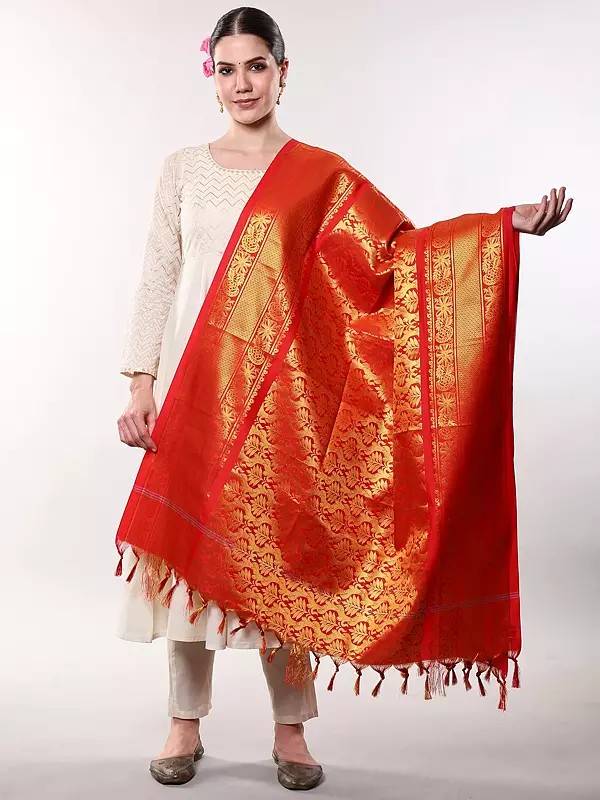 Mars-Red Art Silk Dupatta with Zari Brocade Floral Motifs from Tamil Nadu