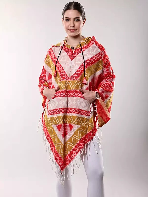 Tri-Color Wool Poncho with Front Pocket and Button Neck