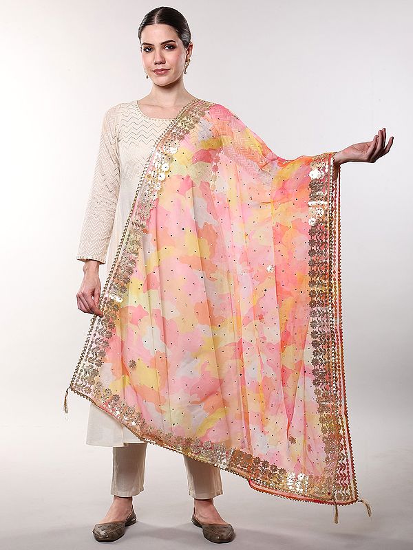 Rainbow Dupatta with Mirror-Beads work and Gota Patti Floral Border