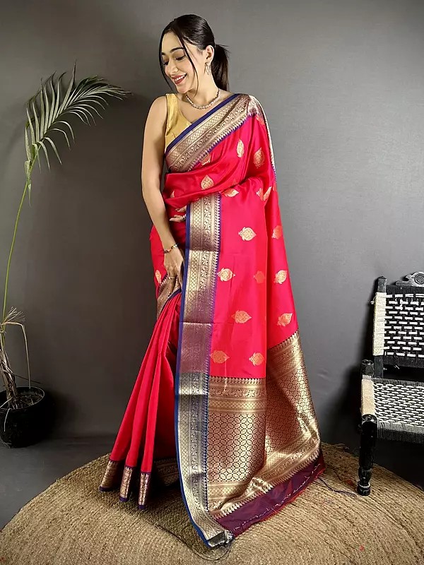 Premium Banarasi Silk Saree Crafted From Soft Silk Featuring Rich Intricate Zari Weaving For Festive Party Wear For Women