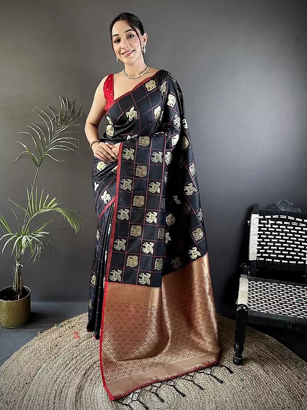 Elegant Banarasi Silk Saree With Intricate Elephant Motif And Traditional Handcrafted Detailing For Festive And Special Occasions