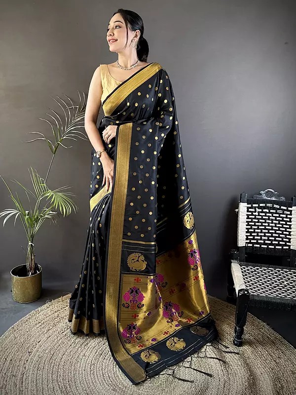 Exquisite Paithani Silk Saree In Lichi Silk With Elegant Polka Dot Design And Traditional Craftsmanship For Wedding Occasions