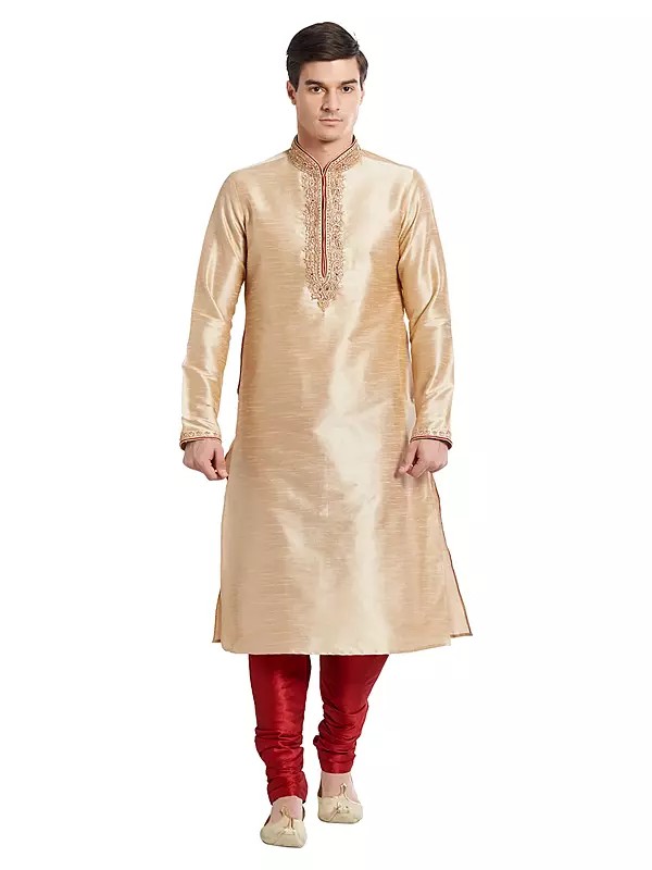 Men's Traditional Kurta Pajama Set in Art Silk with Detailed Embroidery