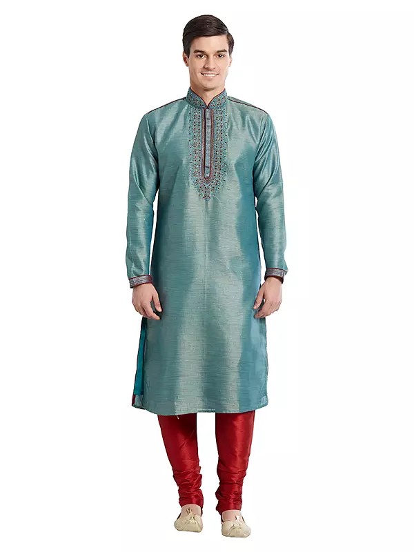 Art Silk Kurta Pajama Set for Men with Elegant Embroidery