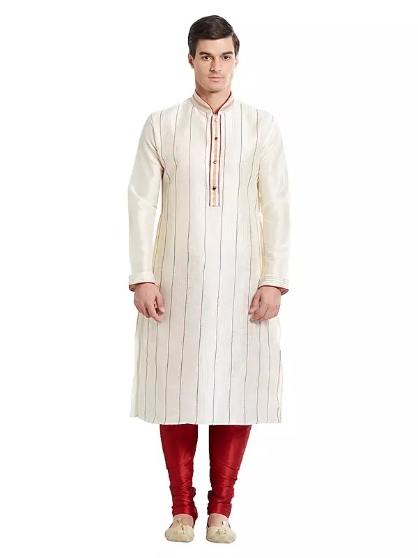 Men's Art Silk Kurta Pajama Set with Vertical Stripes and Contrast Stitching