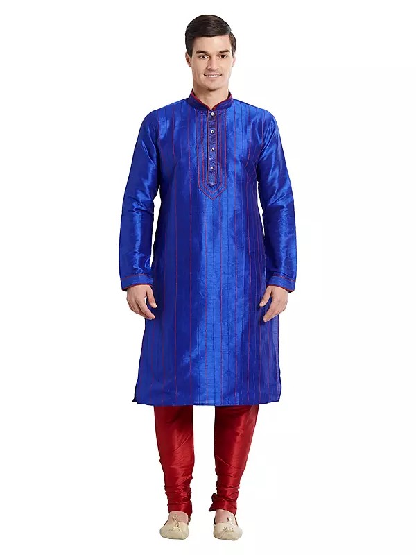 Luxurious Blue Silk Kurta Pajama with Red Striping - Festive Ensemble
