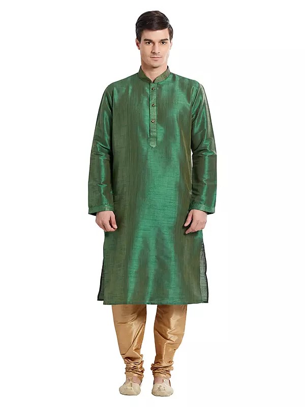 Green Silk Kurta Set for Men - Festive Ethnic Wear
