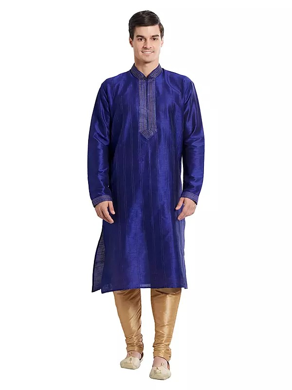 Men's Royal Blue Art Silk Kurta Pajama Set with Pintuck Detail