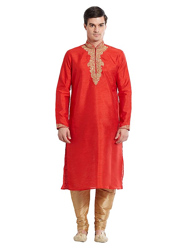 Red Embroidered Art Silk Kurta Set for Festive & Wedding Wear