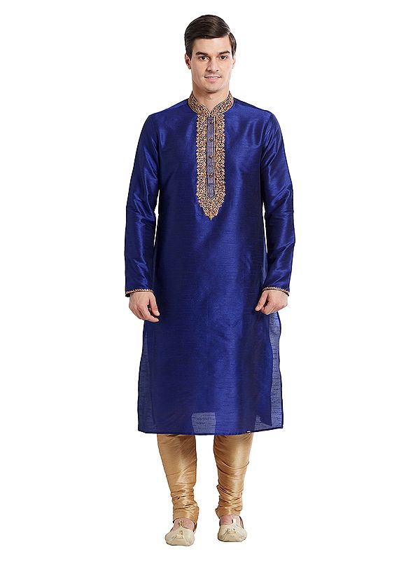 Luxurious Men's Silk Kurta Pajama with Detailed Neckline Embroidery