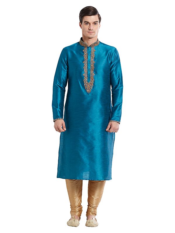 Men's Teal Art Silk Kurta Set with Gold Embroidery for Weddings & Festivals