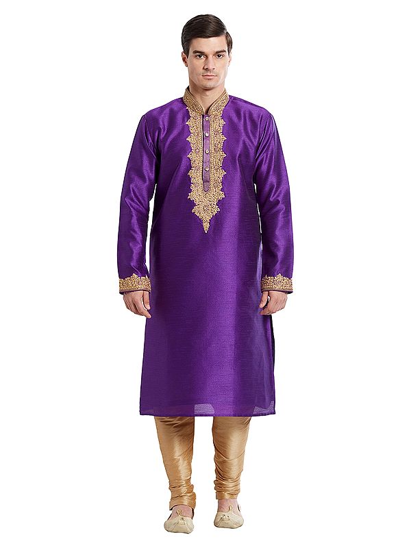Men's Art Silk Kurta Set with Detailed Gold Embroidery for Weddings & Festivals