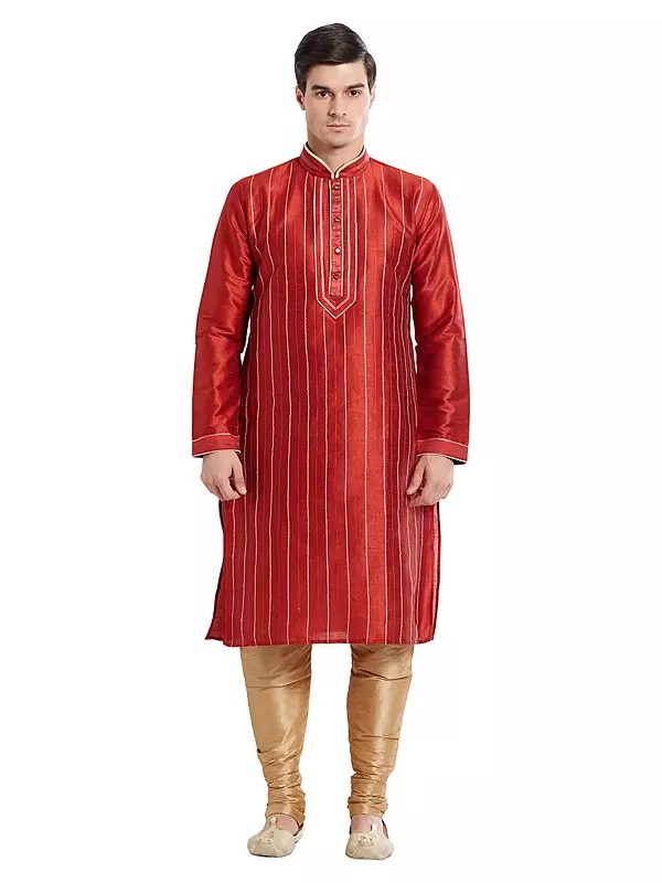 Men's Art Silk Kurta Pajama Set with Elegant Embroidery & Vertical Stripes