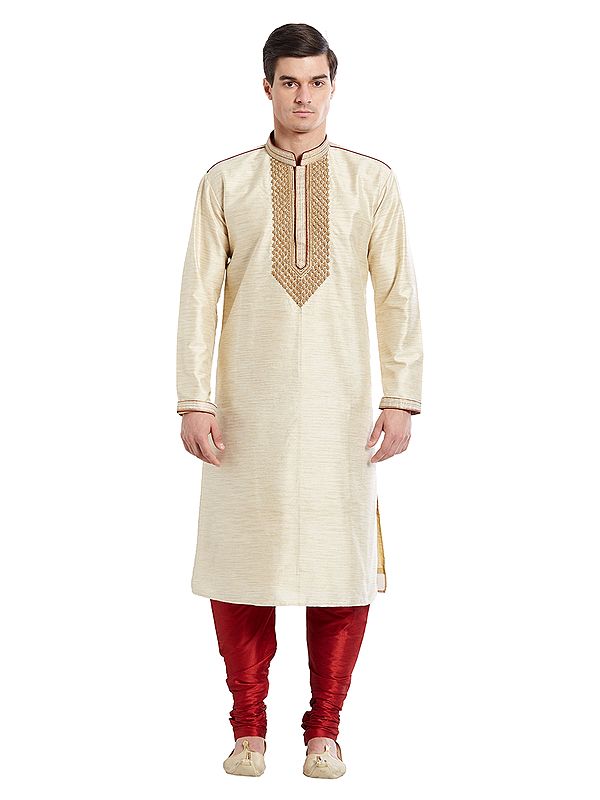 Men's Art Silk Kurta Pajama Set with Intricate Embroidery - Wedding & Festive Wear