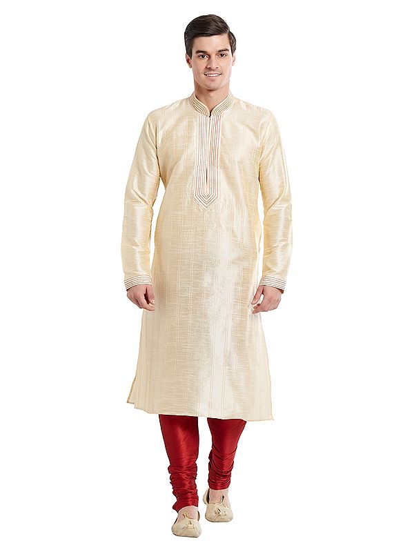 Cream Art Silk Kurta Pajama Set - Refined Stitching for Traditional Celebrations