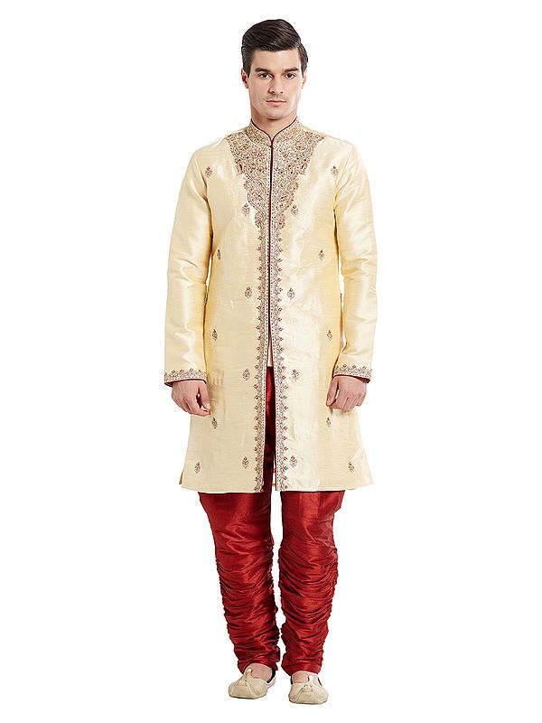 Men's Silk Sherwani with Intricate Embroidery for Wedding Groom & Royal Traditional Wear
