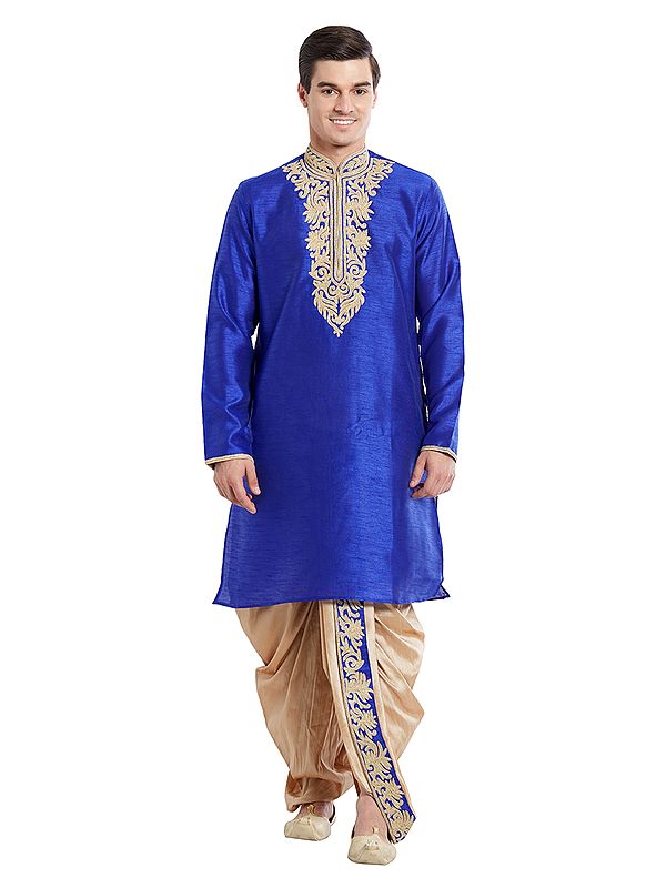 Embroidered Royal Blue Art Silk Kurta and Dhoti Set for Men - Wedding & Festival Wear