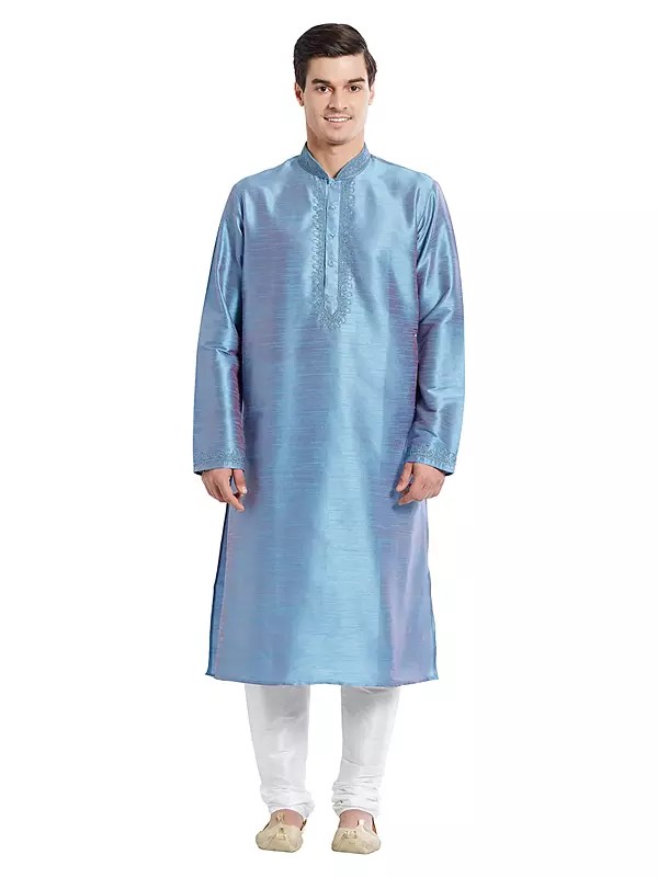 Traditional Men's Silk Kurta Set with Detailed Embroidery for Events
