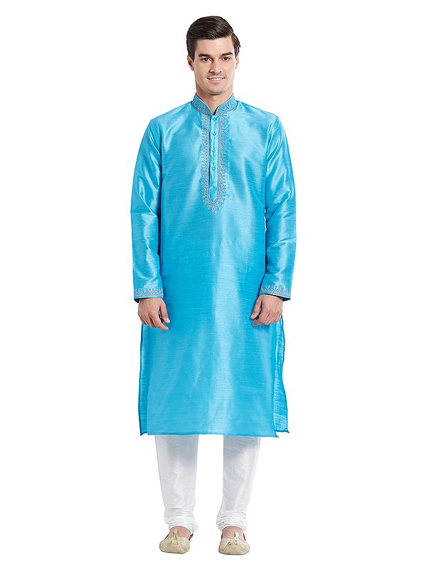 Men's Art Silk Kurta Set with Elegant Embroidery for Festive & Wedding Occasions