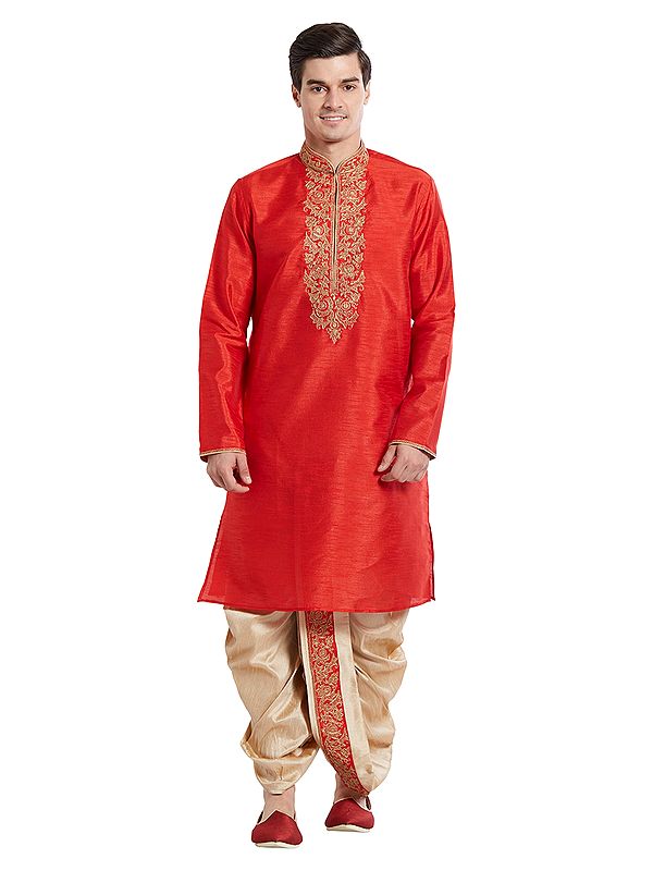 Men's Festive Art Silk Kurta with Dhoti - Gold Embroidery