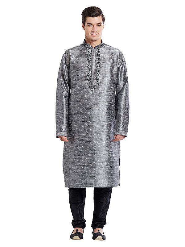 Men's Art Silk Kurta Pajama Set with Diamond Pattern Embroidery