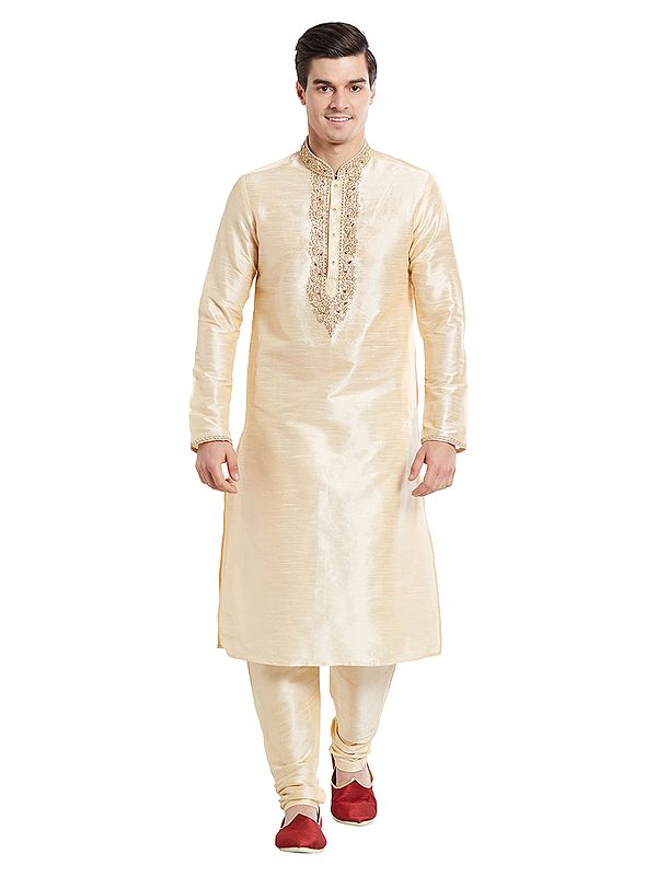 Traditional Silk Kurta Set with Neckline Embroidery - Wedding & Ethnic Wear