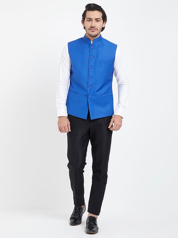 Plain Black Cotton Nehru Jacket for Men | Band Collar Waistcoat