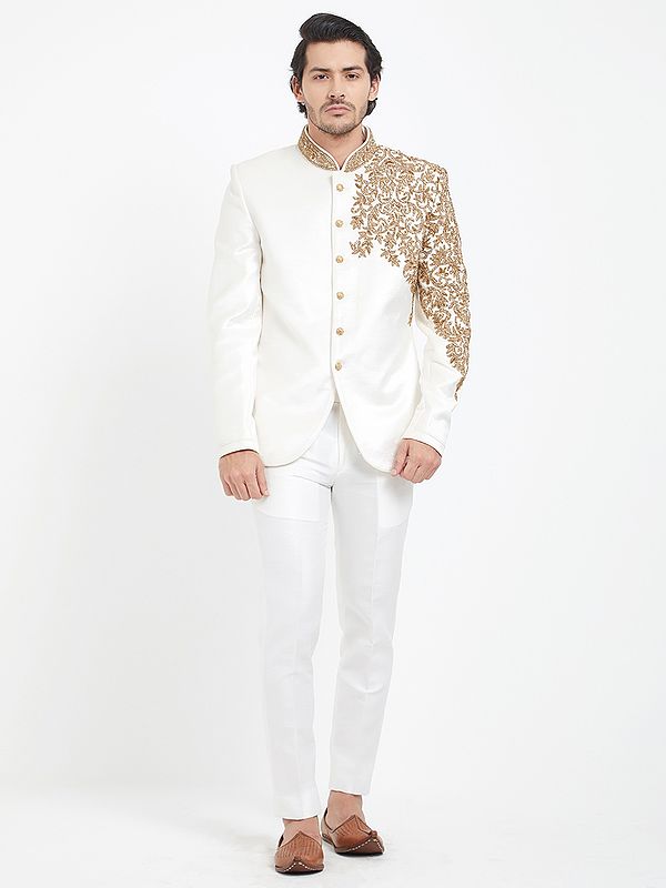 Classic Bandhgala Ensemble for Men in White Art Silk with Intricate Embroidery